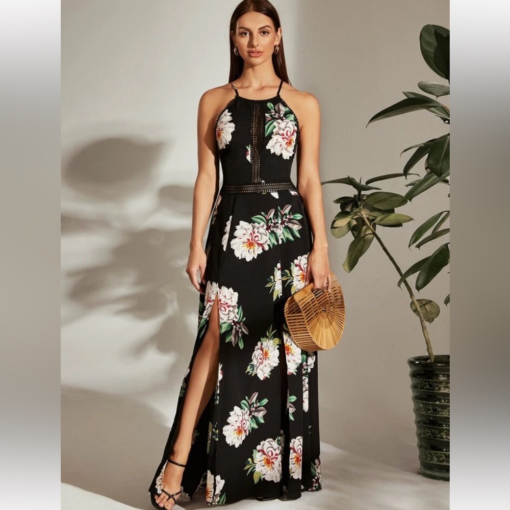 #10739-16 Women's Halter Style Maxi Dress Back Floral Prints,Size M
